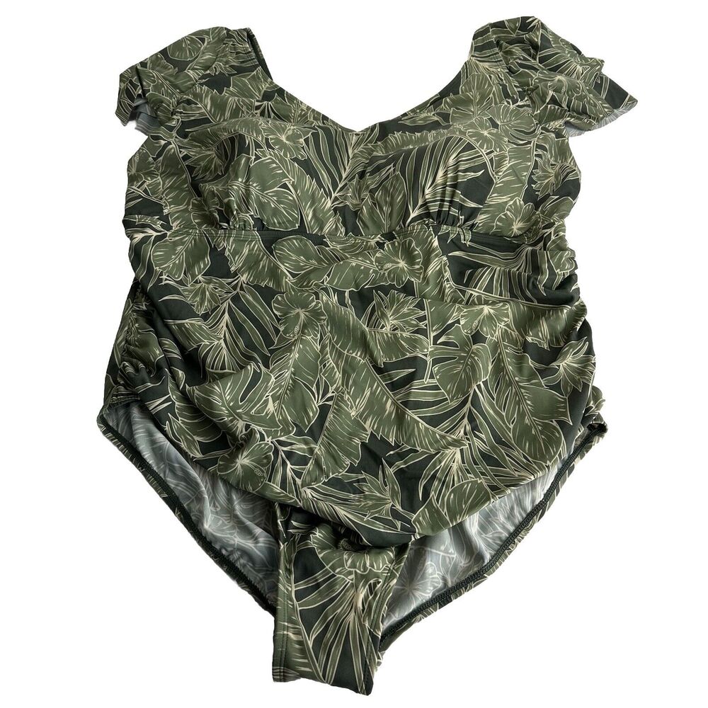 Denim & Co. Beach Green Floral V Neck Ruffle Sleeve One Piece SwimSuit Size 26W
